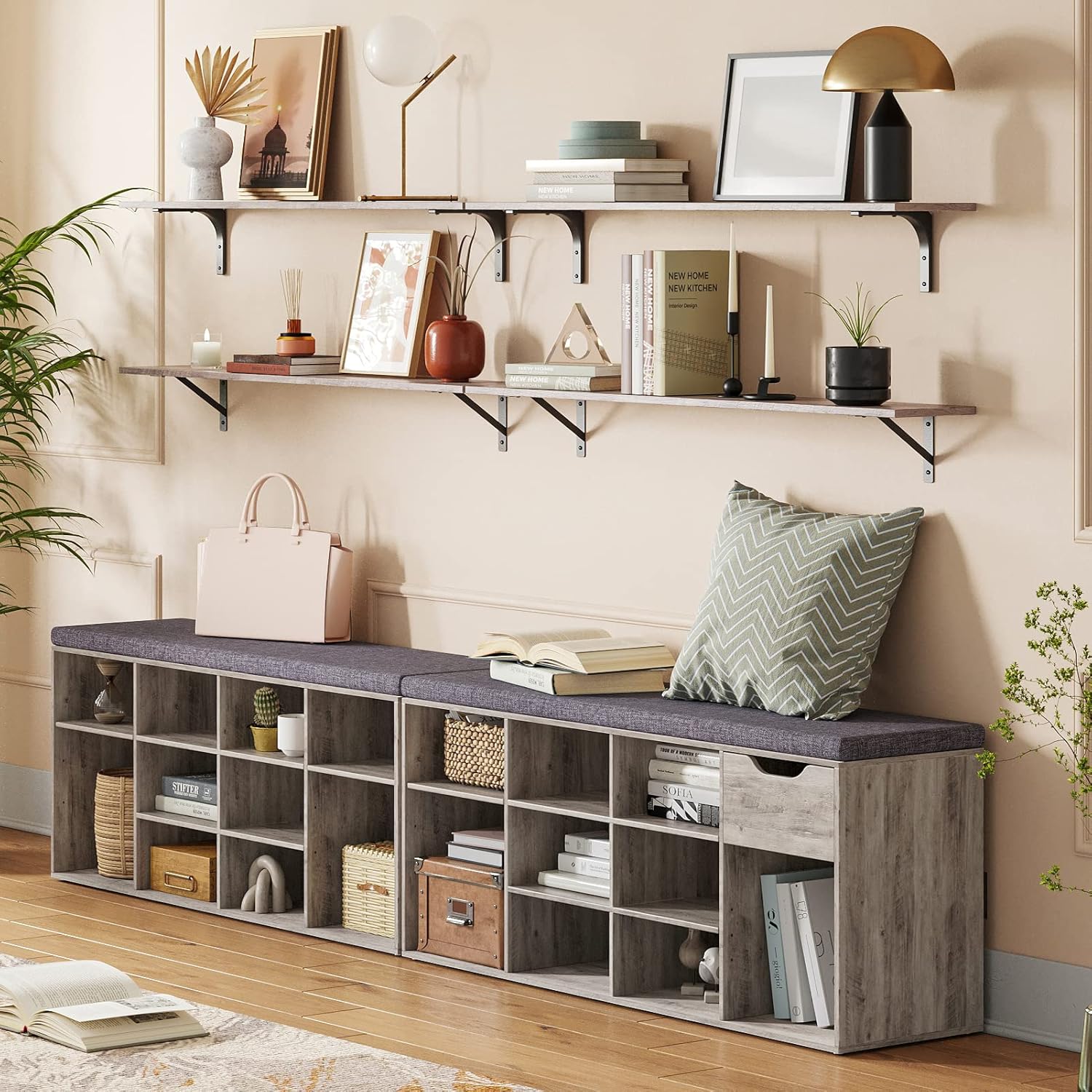 DINZI LVJ Long Wall Shelves, 39.4Inch Wall Mounted Shelves Set of 2, Easy-to-Install, Wall Storage Ledges with Sturdy Metal Brackets for Living Room, Bathroom, Bedroom, Kitchen, Greige