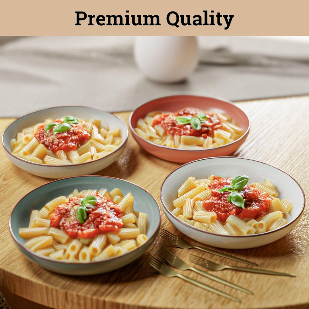 Pasta Bowls Set of 4 - Large 30 oz Bowls - Stylish Ceramic Plates - Safe for Oven, Microwave & Dishwasher - Salad Bowl Set of 4 - Pasta Bowl Plates - Deep Plate with Lid Edge - Blates Dinnerware