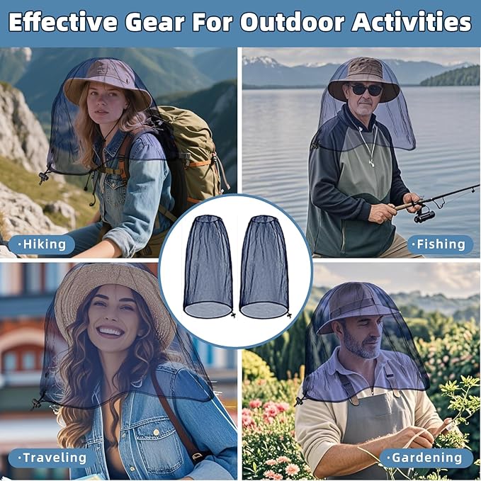 2 Pack Ultra Large Mosquito Net 42x25 Inches Mosquito Head Net Oversized Insect Netting Bug Fits Most Hats for Gardening Hiking Fishing Traveling(Navy Blue)