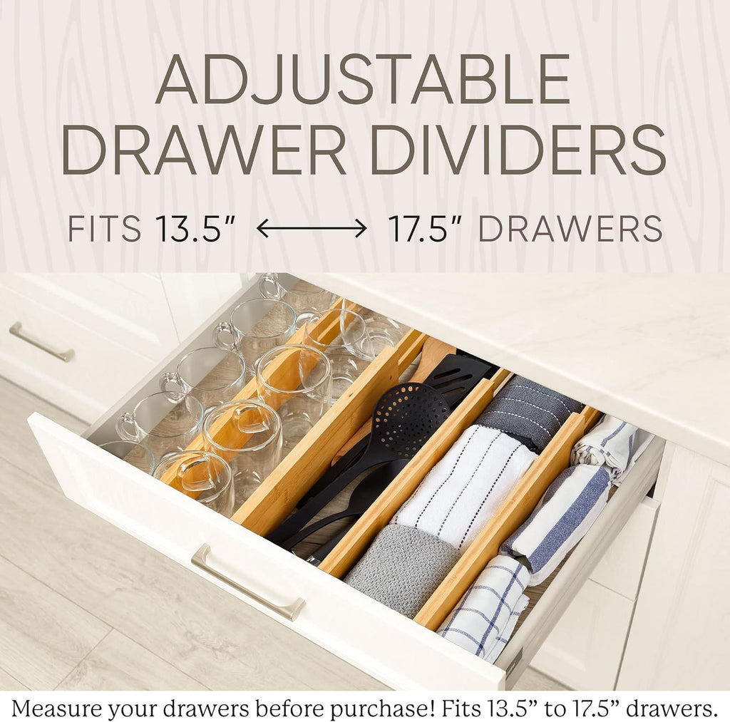 Night Tree Expandable Bamboo Drawer Dividers – Spring-Loaded Wooden Organizers for Clothes, Kitchen Utensils, Bathroom, and Dresser Drawers (13.5" to 17.5")