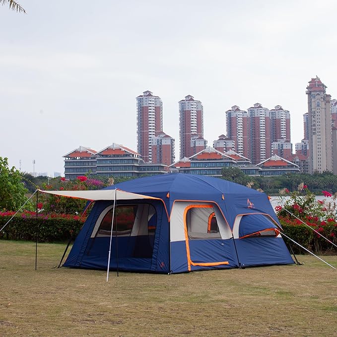 KTT Extra Large Tent 10-12-14 Person(B),Family Cabin Tents,2 Rooms,3 Doors and 3 Windows with Mesh,Straight Wall,Waterproof,Double Layer,Big Tent for Outdoor,Picnic,Camping,Family Gathering
