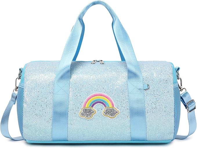 Dance Bag for Girls Rainbow Ballet Bag Shiny Glitter Ballerina Duffle Bag for Girls Crossbody Gym Duffle Bag with Waterproof Wet Pocket