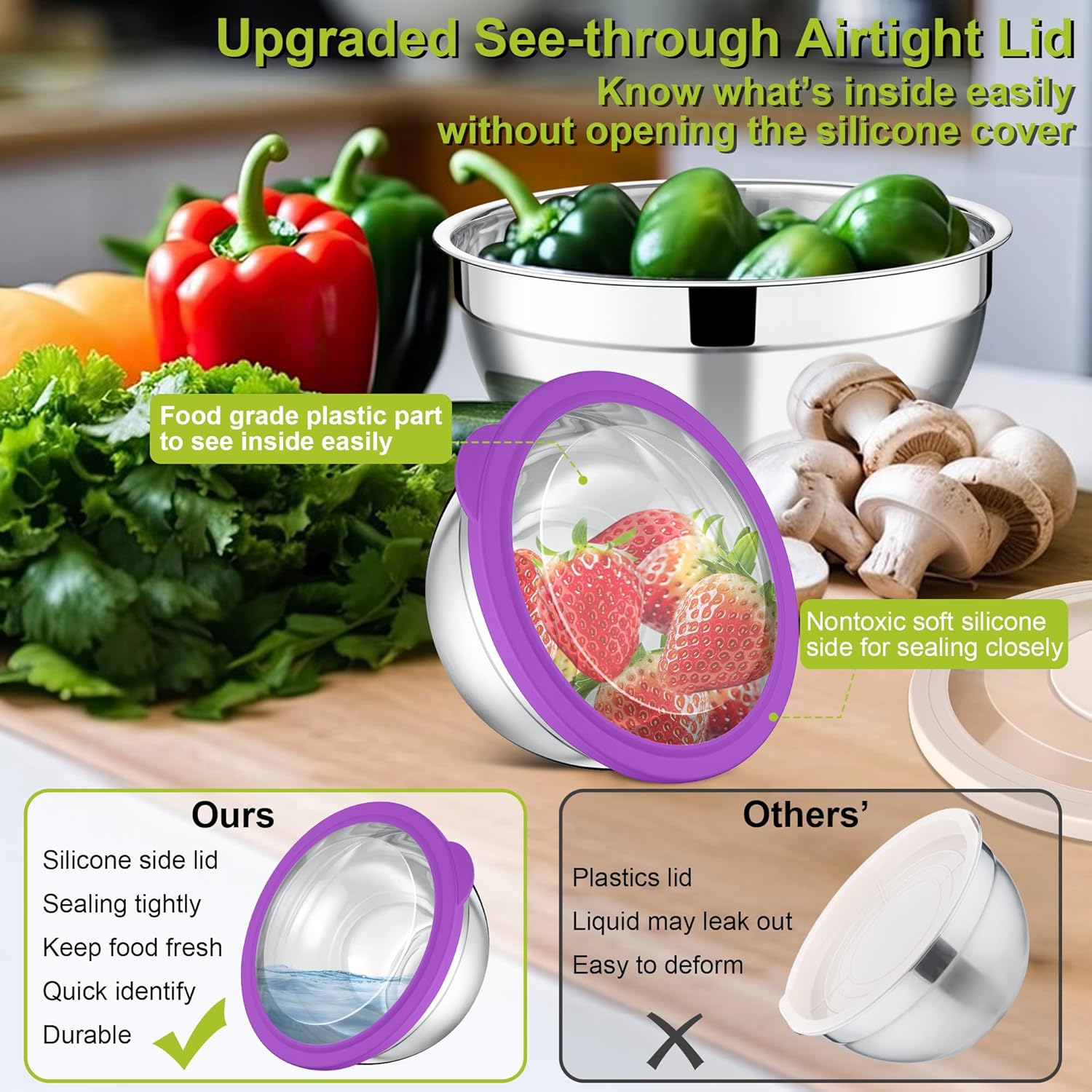 E-far Mixing Bowls with Lids Set of 5, Stainless Steel Salad Mixing Bowl with Transparent Lid, Metal Nesting Storage with 3 Graters for Kitchen Prepping/Serving/Baking, 4.6/2.6/1.5/1/0.7 QT - Colorful