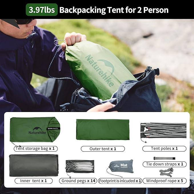 Naturehike Cloud-Up 2 Person Tent Lightweight Backpacking Tent with Footprint - Free Standing Ultralight Camping Hiking Backpack Tents Two Person Tent