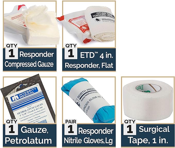 North American Rescue Individual Aid Kit NAR Compact First Aid with Compressed Gauze, Petrolatum Gauze, ETD, Gloves, Surgical Tape (85-0404)
