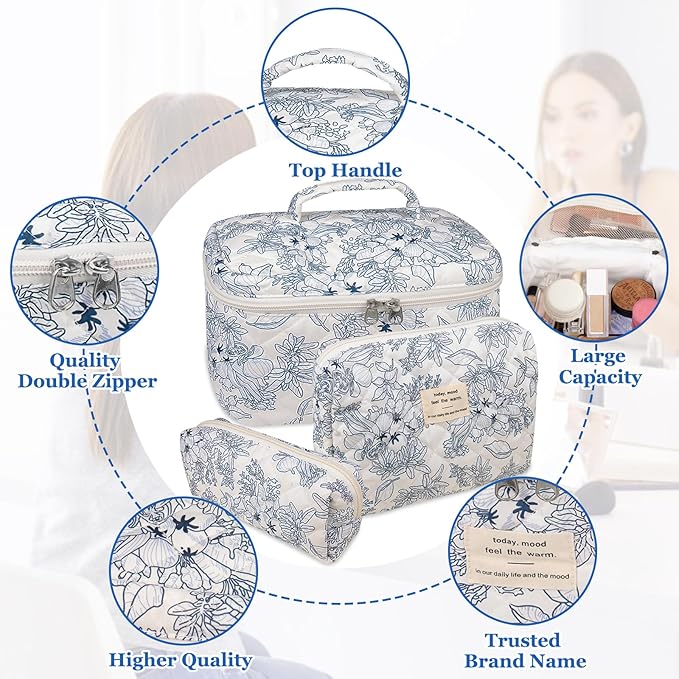 Makeup Bag Set, Quilted Floral Cosmetic Bags for Women, Cute Cotton Makeup Organizer, Travel Toiletry Bag Set (Navy Blue)