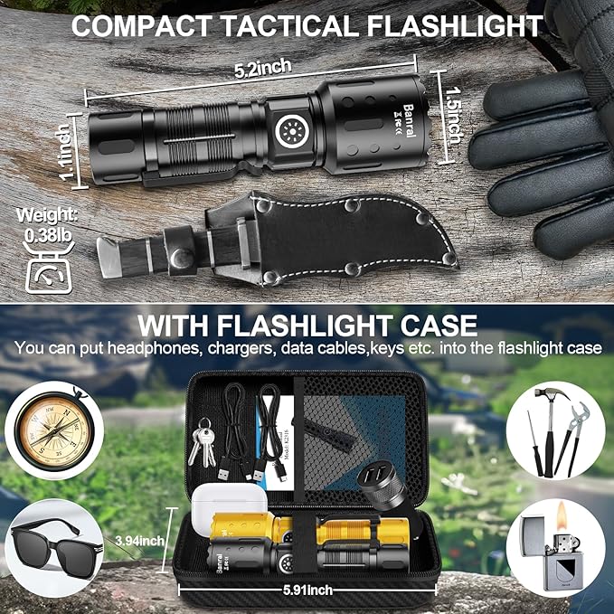 Flashlights High Lumens Rechargeable, 20000 Lumens Super Bright 1500 Meters Long Range Small Powerful Flashlight, 6 Modes LED Tactical Pocket Waterproof Flash Light for Camping (2, Black/Gold)