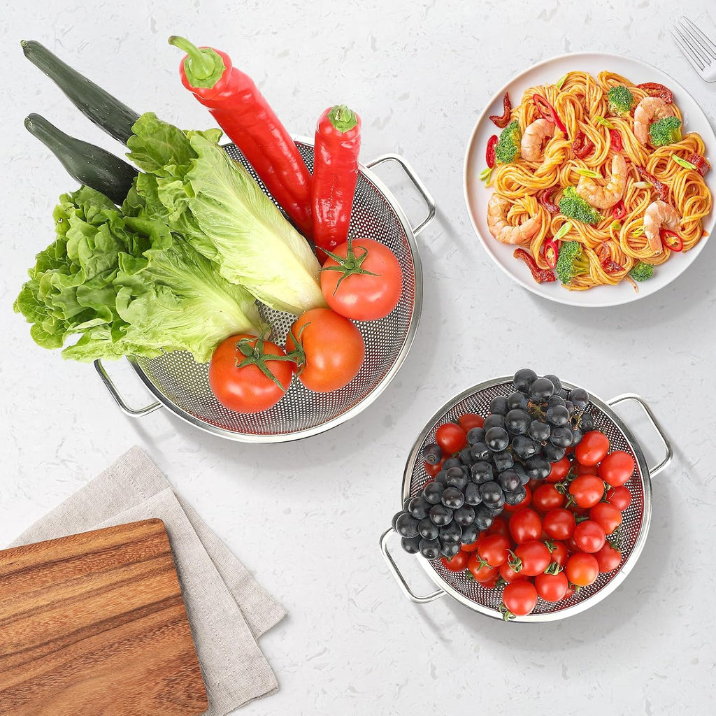 2PCS Colander for Kitchen, 3QT and 5QT, Stainless Steel Colander Strainer with Handle for Fruits Vegetables Cooking Food, Dishwasher Safe