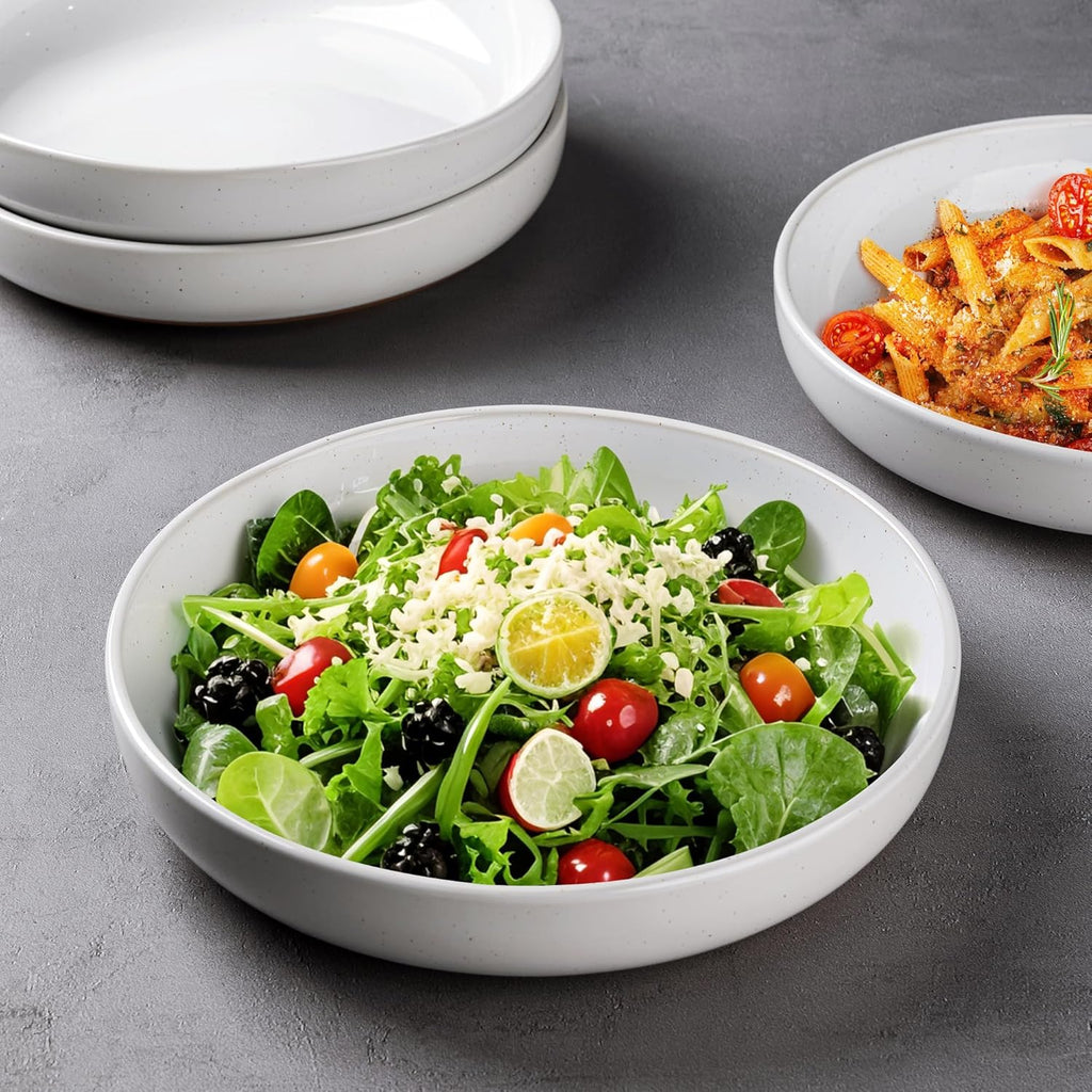 AmorArc 8.75'' Large Ceramic Pasta Bowls, 38oz Handpainted Stoneware Bowls Set of 4, Microwave&Dishwasher Safe Bowls with Rustic Terracotta Underside for Pasta Salad, White