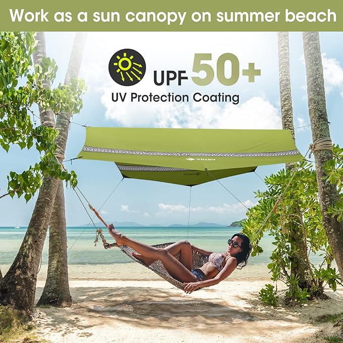 VILLEY Hammock Tent Rain Fly, Octagonal Waterproof Camping Tarp, Sun Shelter for Camping, Backpacking, Hiking, Accessory Includes Stakes, Ropes and Carry Bag (Green)