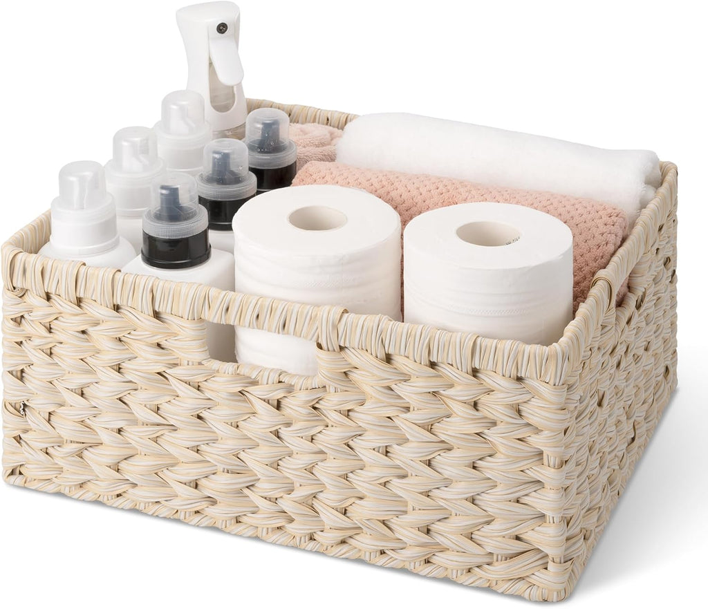 GRANNY SAYS Basket for Organizing, Wicker Storage Baskets for Shelves, Woven Baskets for Storage, Waterproof Shelf Baskets for Living Room, Rectangular Woven Basket with Handles, 1-Pack