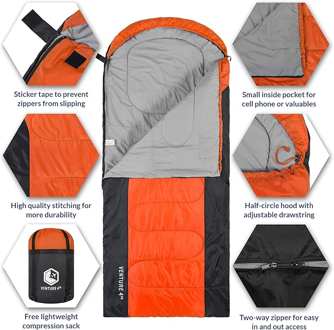 VENTURE 4TH Backpacking Sleeping Bag – XXL, Double and Single Sizes - Lightweight Warm & Cold Weather Sleeping Bags for Adults, Kids & Couples – Ideal for Hiking, Camping & Outdoor Adventures