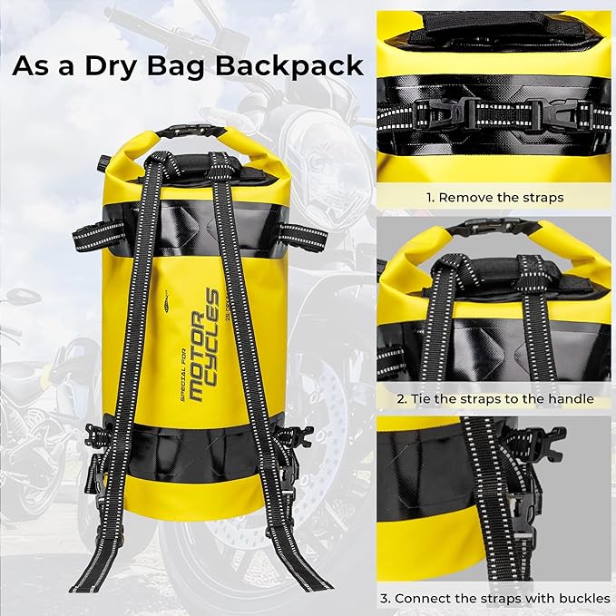 25L Waterproof Motorcycle Dry Bag - Motorcycle Luggage Tail Bag with Straps for Back Seat - Roll Top Dry Bag for Kayaking, Rafting, Boating, Camping, Travel, Beach