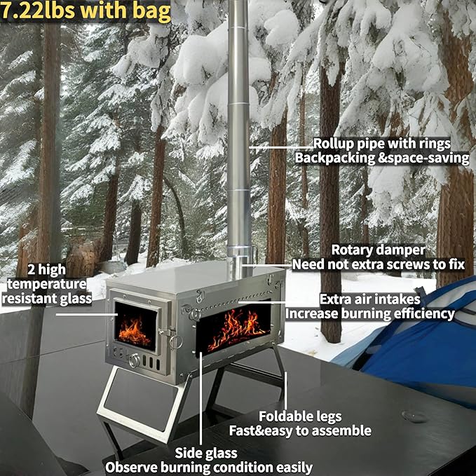 DANCHEL OUTDOOR S6/SSG Folding Camping Stove, 304 Stainless Steel Wood Burning Stove with 7.2ft Chimney, Portable Hot Tent Stove Solo Camping Survival Backpacking, Lightweight & Compact Design