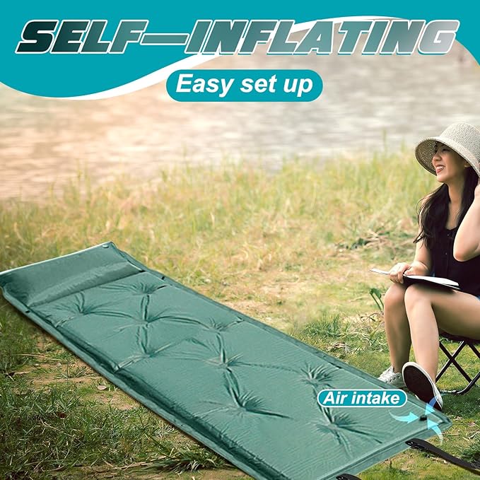2 Pack Self Inflating Sleeping Pads with Pillow, Ultralight Camping Mat,connectable Portable Pad,lightweight Inflatable Mattress Pad, Insulated Foam Sleep Mat for Backpacking, Tent, Hammock