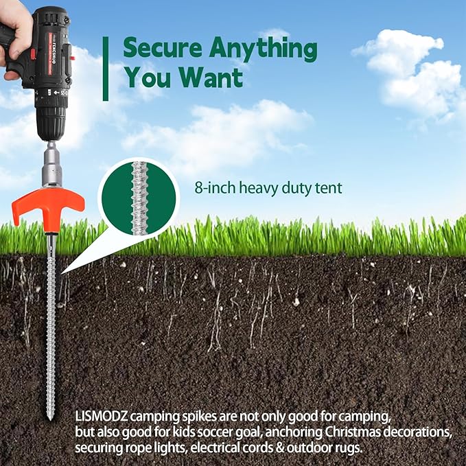 12 Pack 8" Screw in Tent Stakes for Drilling with Hex Heads - Heavy Duty Stainless Steel Tent Pegs/Nails/Spikes, Ground Anchors, Grow in Dark - for Camping, Grassland, Portable Box (Orange)