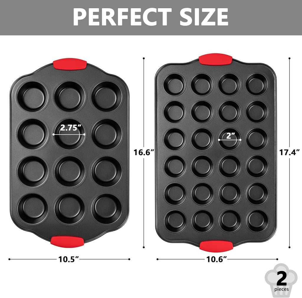 Tiawudi Muffin Pan, Nonstick Cupcake Pan Set, 2 Pack Heavy Duty Muffin Tins for Baking, 12-Cup Regular and 24-Cup Mini Bareware Tray with Silicone Grip Handles