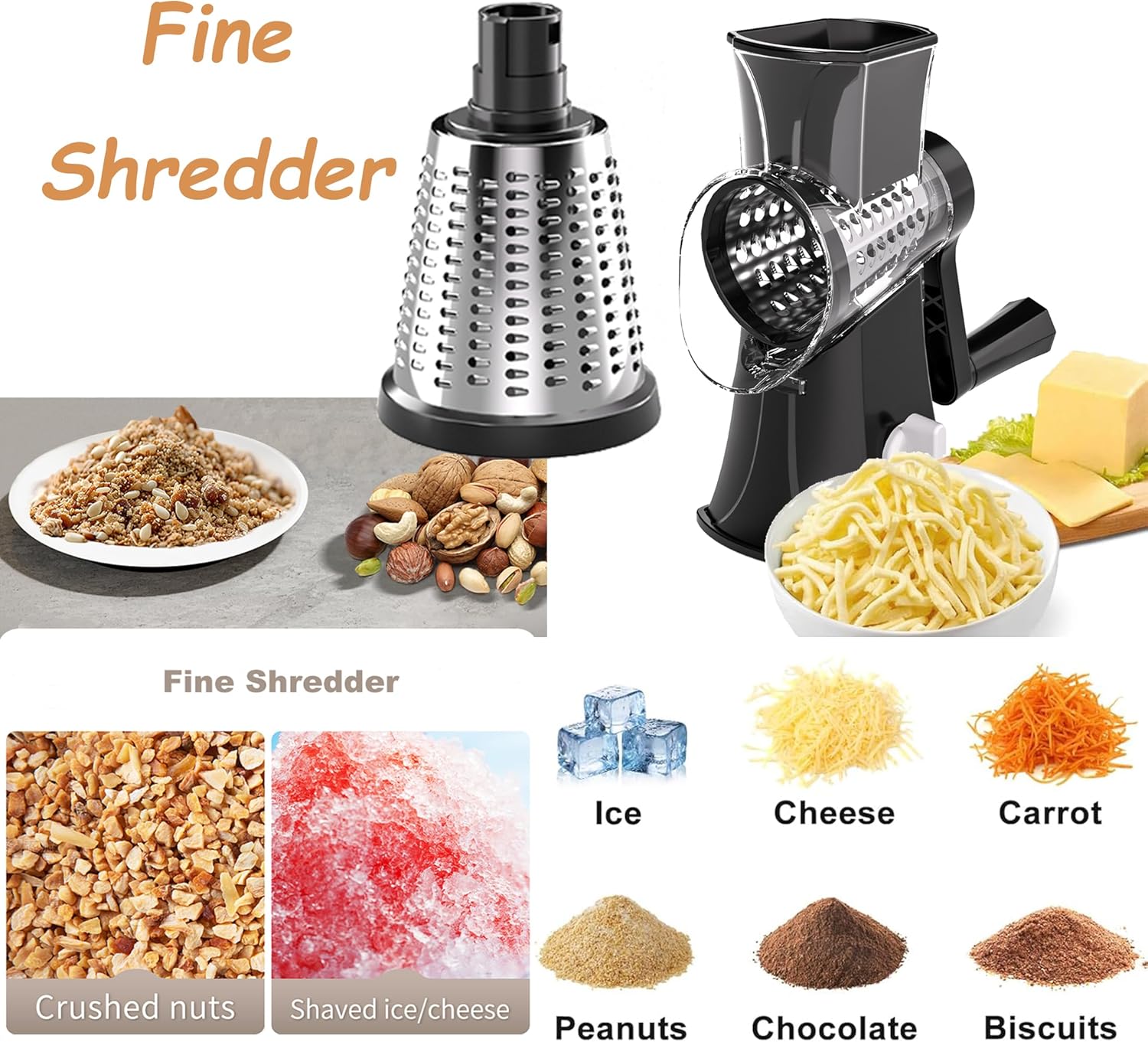 3-in-1 Rotary Cheese Grater Vegetable Slicer, 3 Interchangeable Blades Food Shredder with Anti-Slip Reinforced Suction Base, Kitchen Mandoline Chopper (Black)