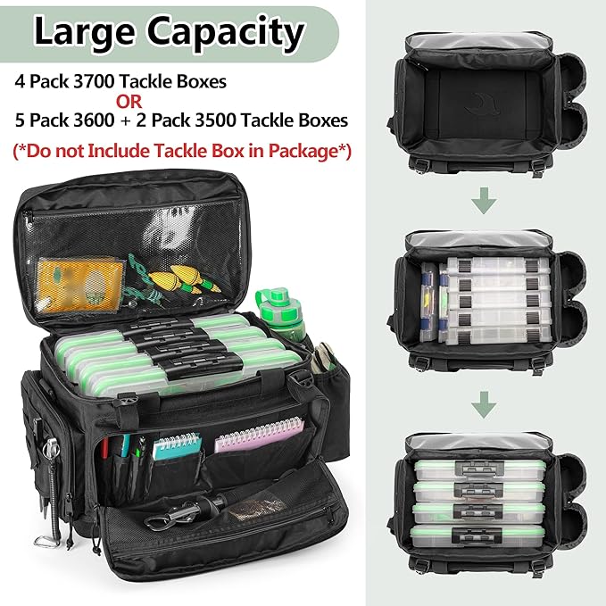Waterproof Fishing Tackle Bag with Waterproof EVA Bottom (No Tackle Boxes in Package), Soft Tackle Box Storage Bag with Rod Holder, Pliers Storage for Fishing