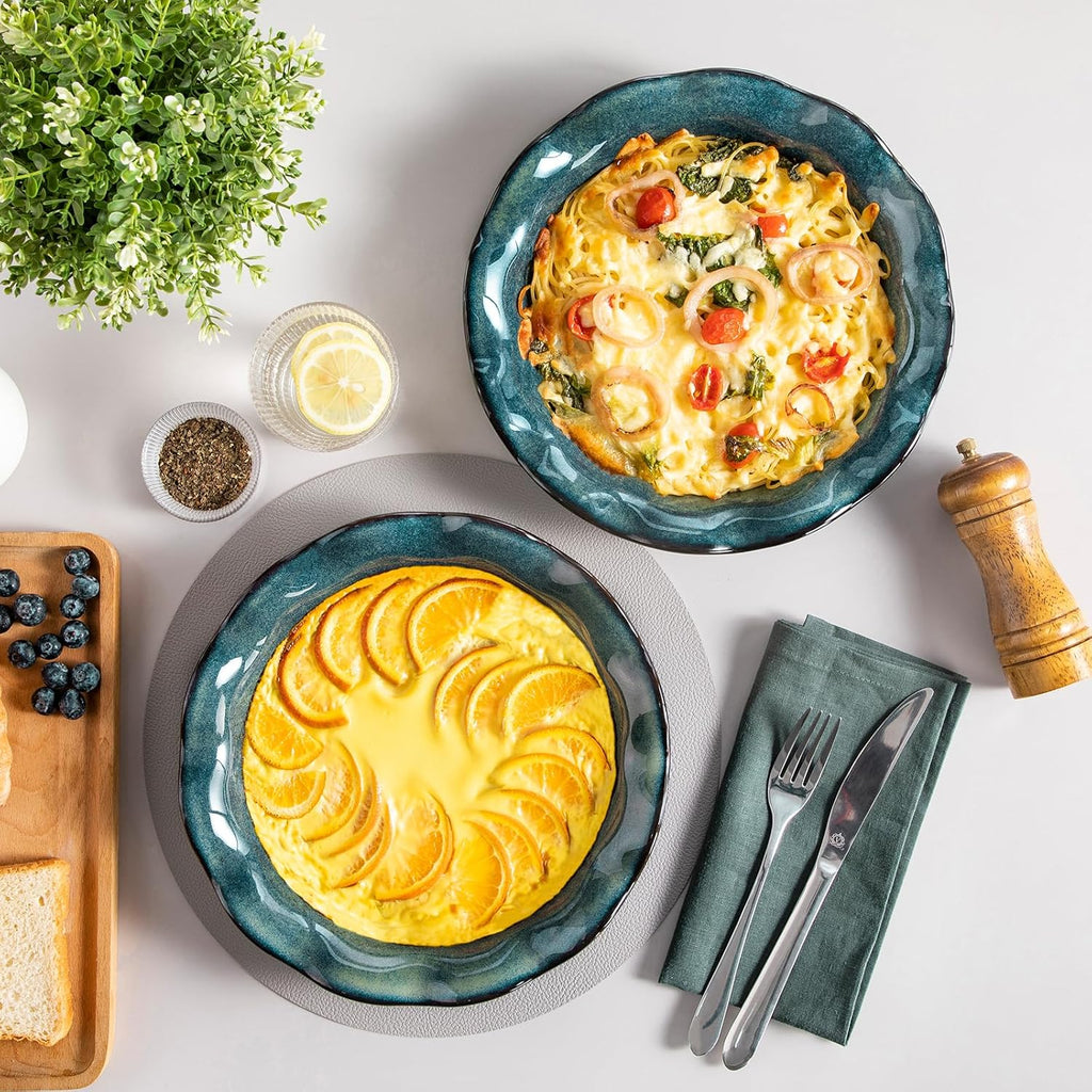 vancasso Stern Ceramic Pie Pan, 9 inch Pie Pans with Ruffled Edge, Deep Pie Dishes for Baking, Round Pie Plates for Apple, Quiche, Pot Pies, Tart, Oven & Dishwasher Safe, Set of 2, Green