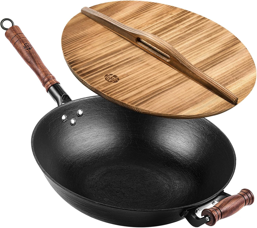 WANGYUANJI 13.4 Inch Cast Iron Wok with Lid – Flat Bottom Chinese Stir Fry Pan, Handcrafted Non-Coated Iron Cookware for Induction, Gas & Electric Stoves, Black