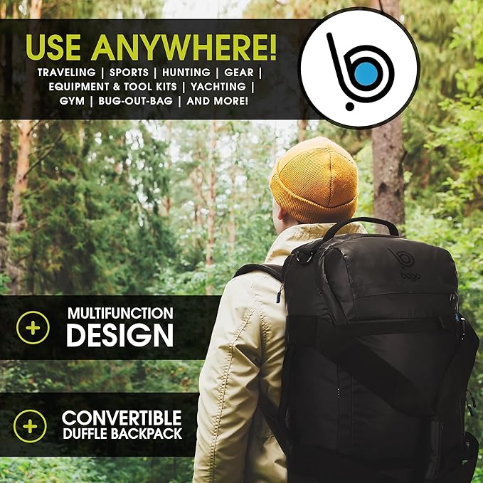 bago Waterproof Duffel Bag Backpack For Men & Women - 3 Way Duffel Backpack for Travel Camping Gear & Sports - Heavy Duty Travel Duffle Bag Backpack With Straps - Travel Backpack for Men (Black)