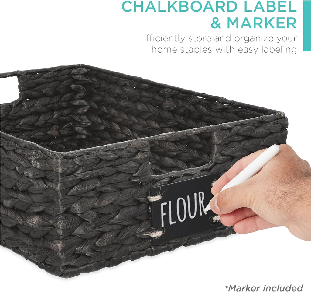 Best Choice Products Set of 4 16x12in Large Water Hyacinth Pantry Baskets, Woven Organizers w/Chalkboard Label, Chalk Marker - Black