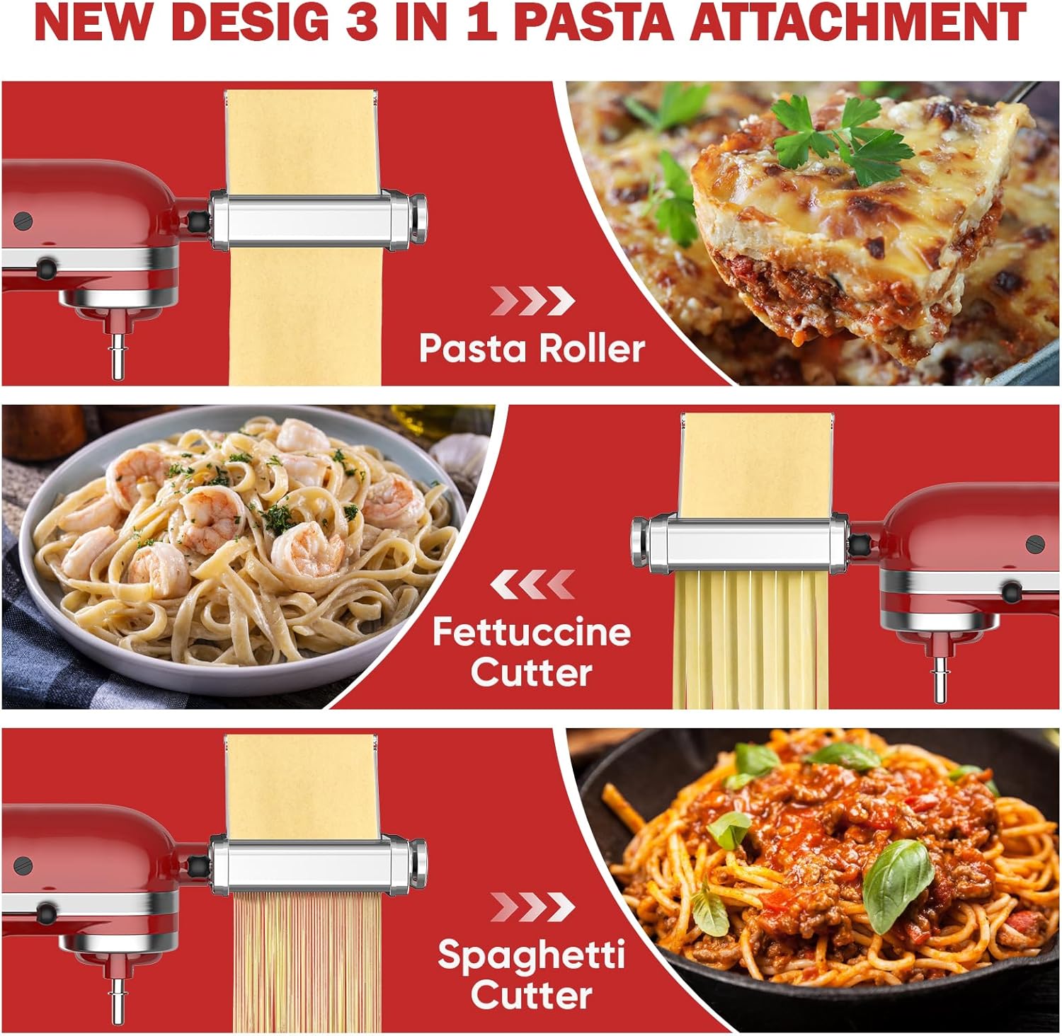 3 in 1 Pasta Attachment for Kitchenaid Stand Mixer, All Metal Pasta Maker Kitchenaid Attachment, Pasta Sheet Roller, Spaghetti Cutter, Fettuccine Cutter Maker Accessories and Cleaning Brush by Gvode