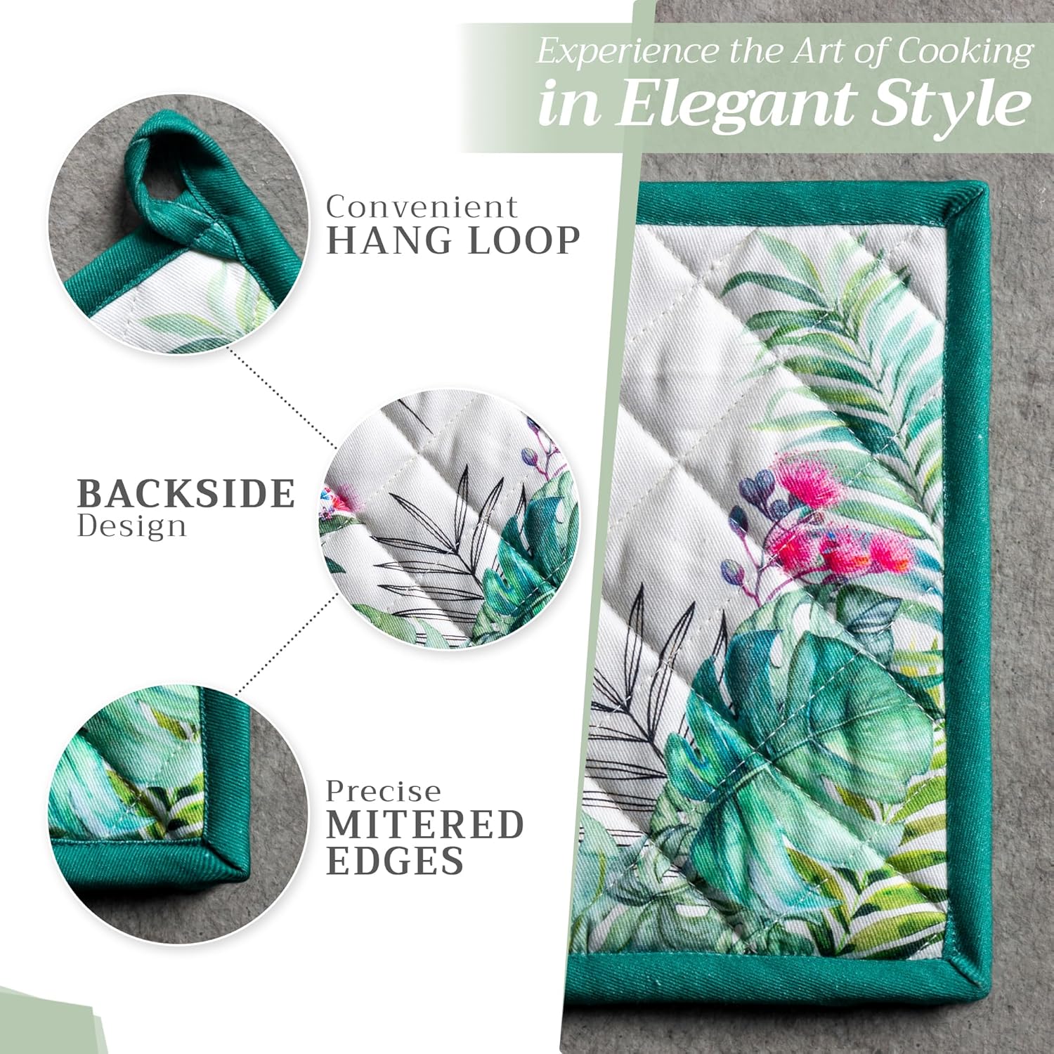 Maison d' Hermine 100% Cotton Oven Mitt & Pot Holder Set (7.5"x13" & 8"x8") Heat Resistant BBQ Cooking Gloves with Loop, Baking, Grilling, Kitchen, Handling Hot Pans Spring/Summer (Tropiques)