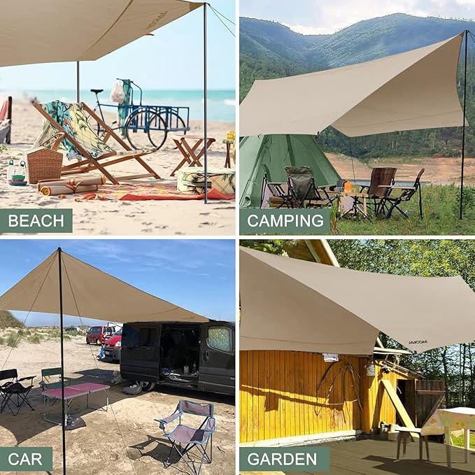 Camping Tarp, 14 X 12FT Tarp with 2 Poles, Waterproof & Lightweight Tent Tarp Car Awning, UV UPF50+ Rain Fly Sun Shelter Can Used with Hammock in Outdoor, Garden and Backpacking