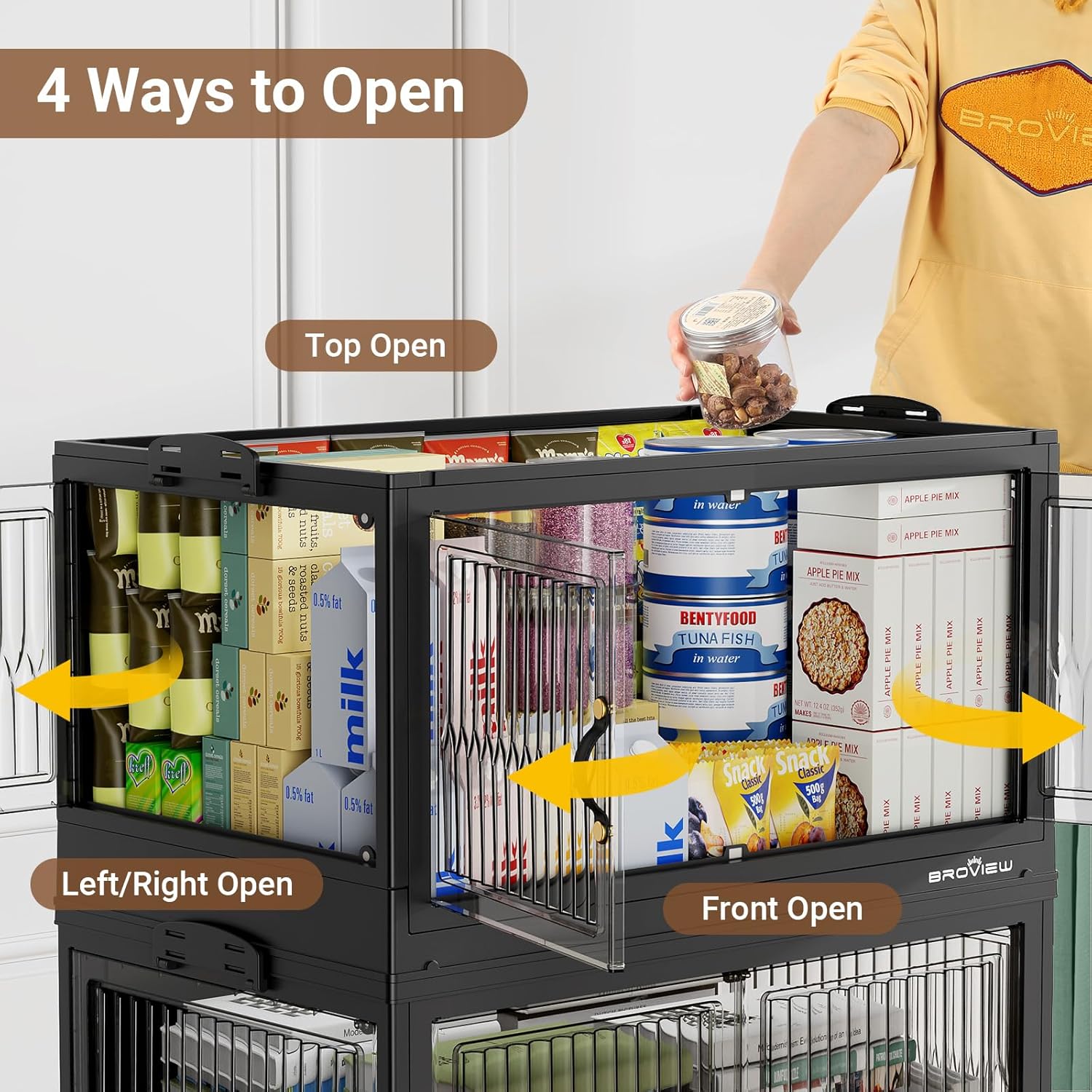 120QT Large Stackable Storage Bins with Lids, Plastic Closet Organizer and Storage Drawer, Collapsible Storage Box with Wheels, Folding Storage Cabinet with Doors for Home Kitchen, 1Pack Black