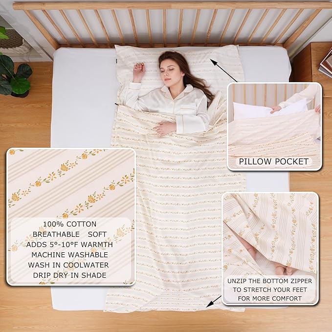 100% Cotton Sleeping Bag Liner with Full Length Zipper on 3 Sides; Single/Double Adult Sleep Sack for Travel & Camping, Multifunctional Travel Sheets (Unzipped 87”x87”) for Hotel, Lightweight