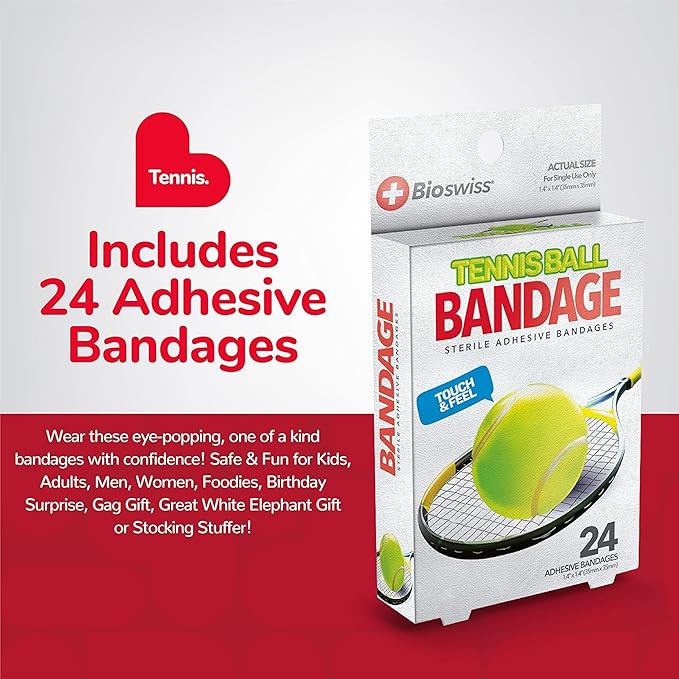 BioSwiss Bandages, Tennis Ball Shaped Self Adhesive Bandage, Latex Free Sterile Wound Care, Fun First Aid Kit Supplies for Kids, 24 Count