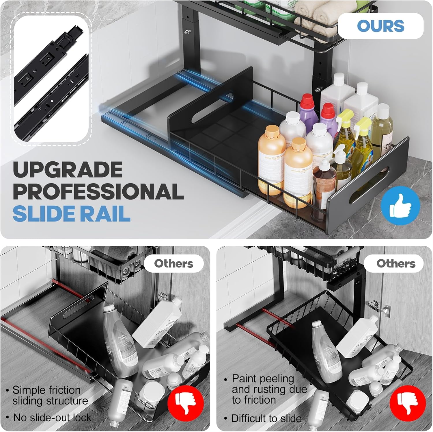 1 Pack Under Sink Organizer Upgrade To Professional Rails,2-Tier Dual Pull Out Cabinet Storage,Height Adjustable Slide Out Drawers For Bathroom Kitchen,Under Sink Shelf-Black