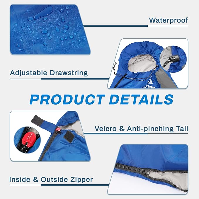 Sleeping Bag for Adults Teens Kids Cold Warm Weather, Portable Waterproof & Lightweight, Compact with Compression Sack, for 3-4 Seasons Camping, Backpacking, Hiking, Travel, Indoors Outdoors
