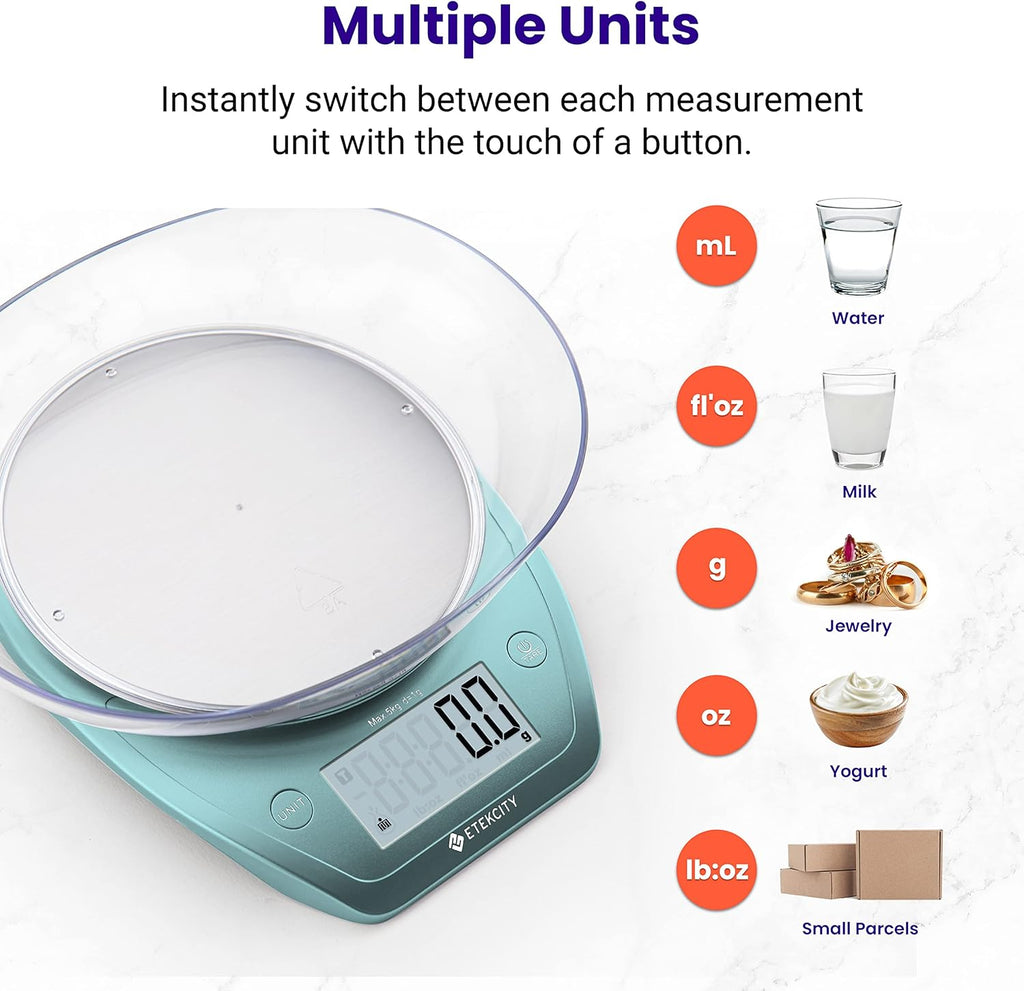 Etekcity 0.1g Food Scale, Bowl, Digital Grams and Ounces for Weight Loss, Dieting, Baking, Cooking, and Meal Prep, 11lb/5kg, Bright Blue