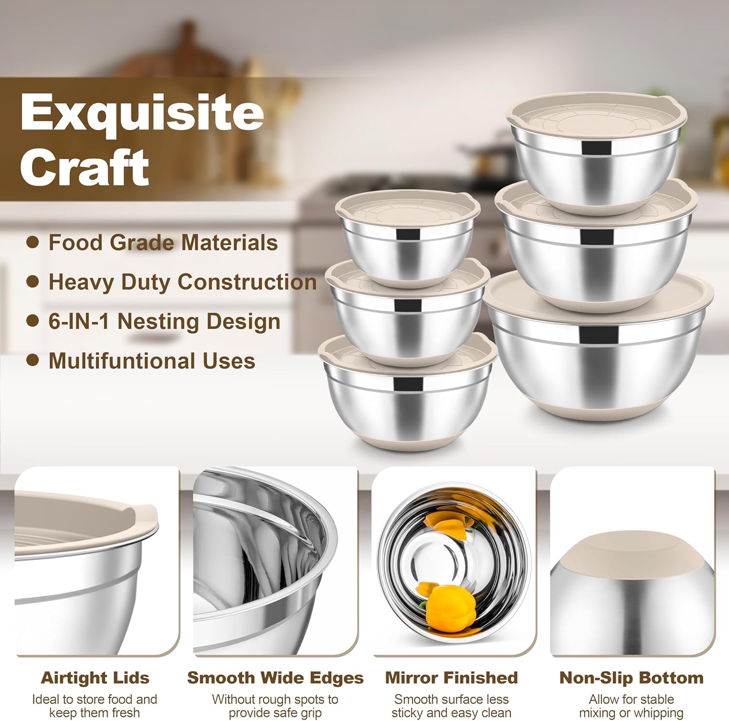 TeamFar Mixing Bowls, Stainless Steel Nesting Salad Bowl with Lids & 3 Graters, For Kitchen Cooking Serving Prepping, Airtight & Non-Slip, Size 4.6/3.5/2/1.5/1/0.7 QT, Set of 5 & Khaki