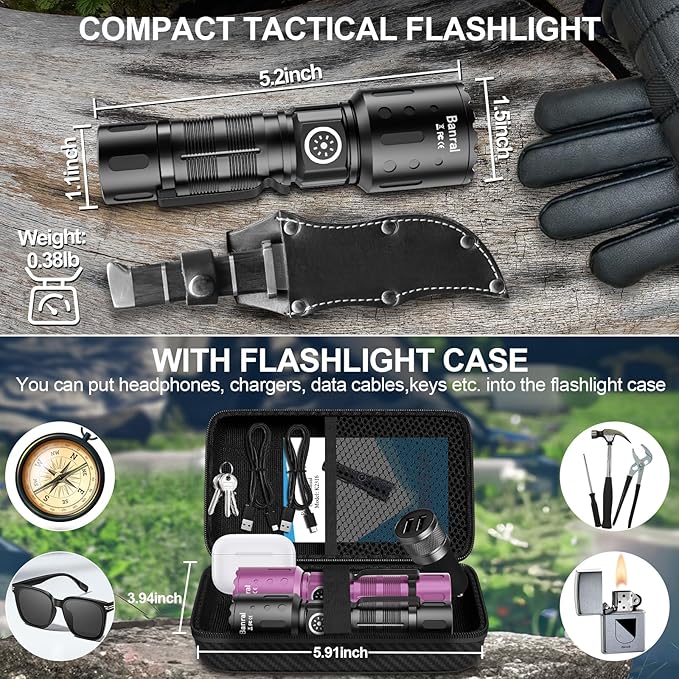 Flashlights High Lumens Rechargeable, 20000 Lumens Super Bright 1500 Meters Long Range Small Powerful Flashlight, 6 Modes LED Tactical Pocket Waterproof Flash Light for Camping (2, Black/Purple)