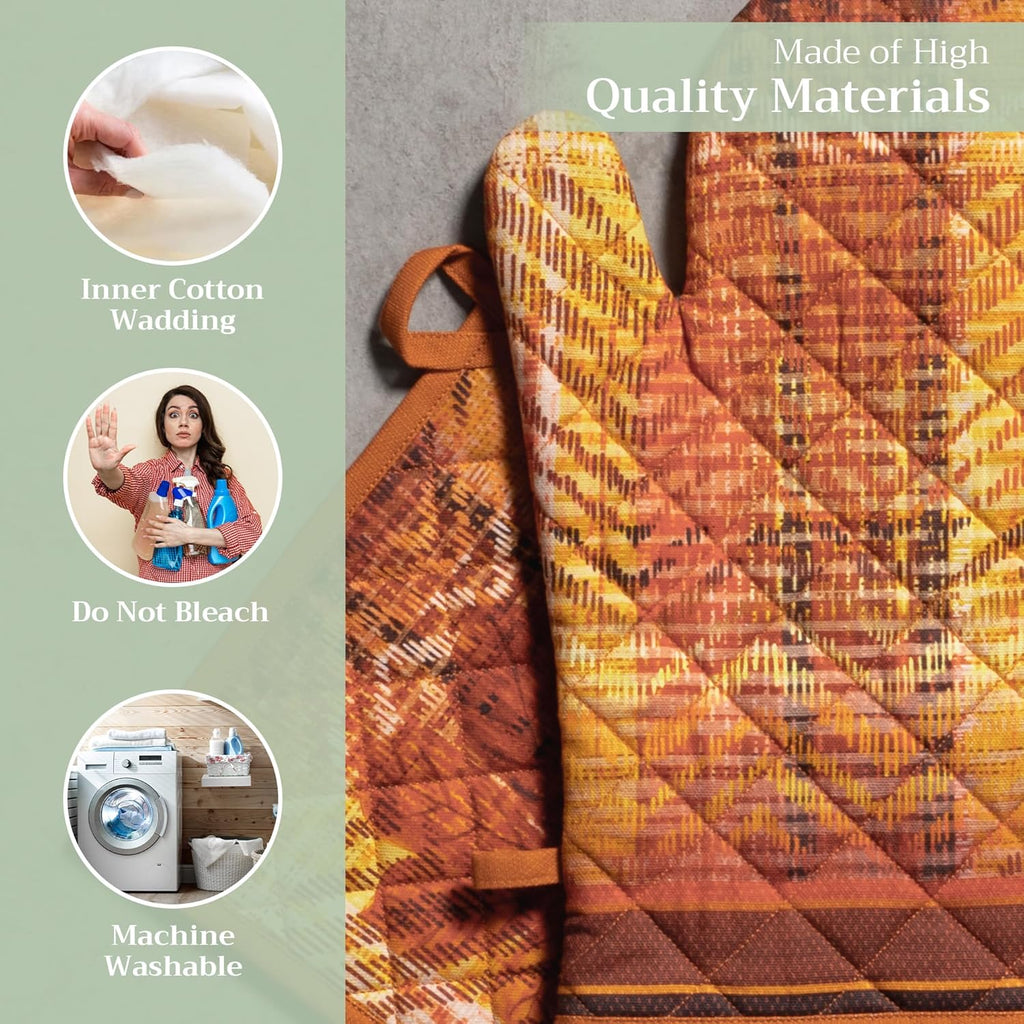 Maison d' Hermine 100% Cotton Oven Mitt & Pot Holder Set (7.5"x13" & 8"x8") Heat Resistant BBQ Cooking Gloves with Loop, Baking, Grilling, Kitchen, Handling Hot Pans (Thanksgiving Tartan)