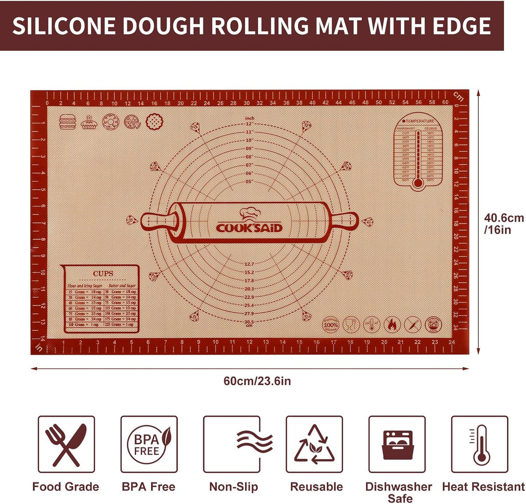 Cook's Aid Silicone Pastry Mat Extra Large with Measurements 26''x16'' for Reusable,Non-slip Silicone Baking Mat, Counter, Dough Rolling, Oven Liner,Fondant/Pie Crust, Red