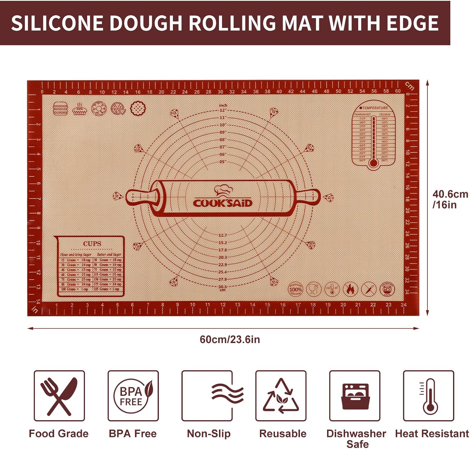 Cook's Aid Silicone Pastry Mat Extra Large with Measurements 26''x16'' for Reusable,Non-slip Silicone Baking Mat, Counter, Dough Rolling, Oven Liner,Fondant/Pie Crust, Red