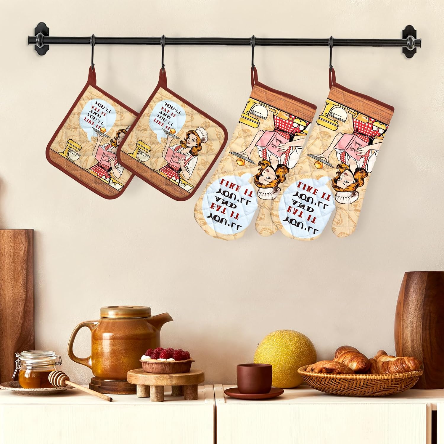 Retro Housewife Oven Mitts and Pot Holders Sets 4Pcs, 100% Cotton Heat Resistant, Extra Long Oven Gloves Potholder for Kitchen Cooking Baking Decoration