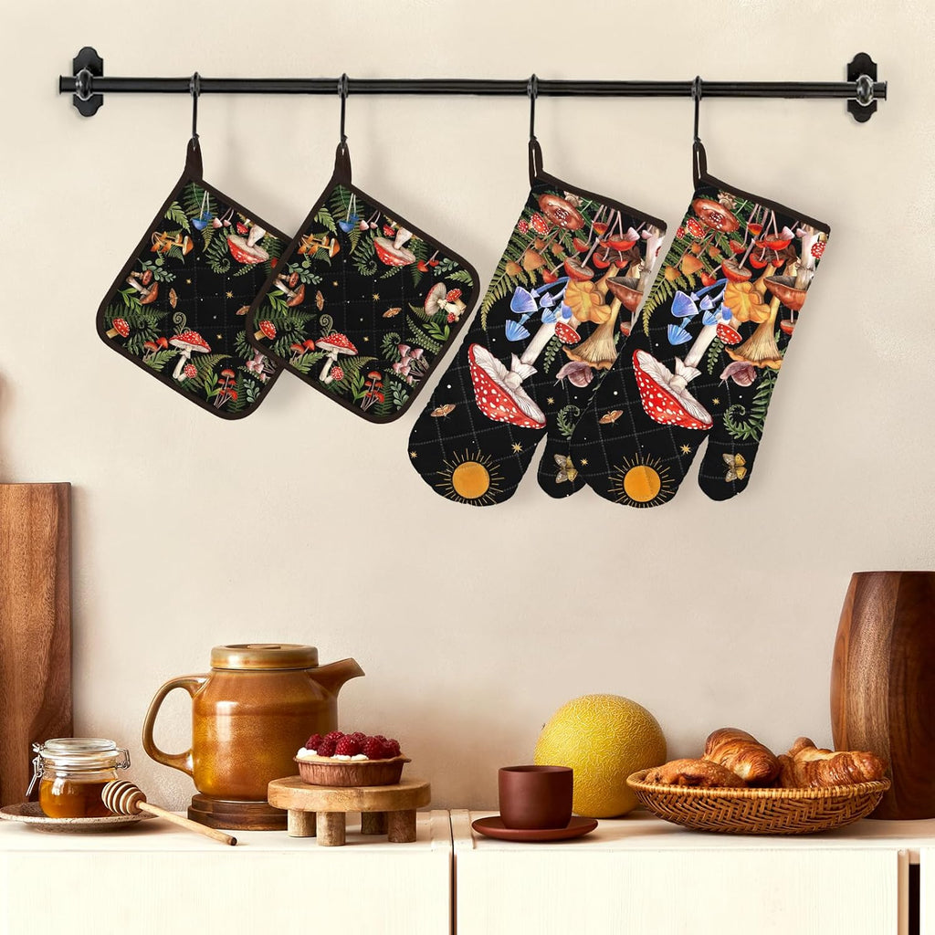 Mushroom Grass Oven Mitts and Pot Holders Sets 4Pcs, 100% Cotton Heat Resistant, Extra Long Oven Gloves Potholder for Kitchen Cooking Baking Decoration