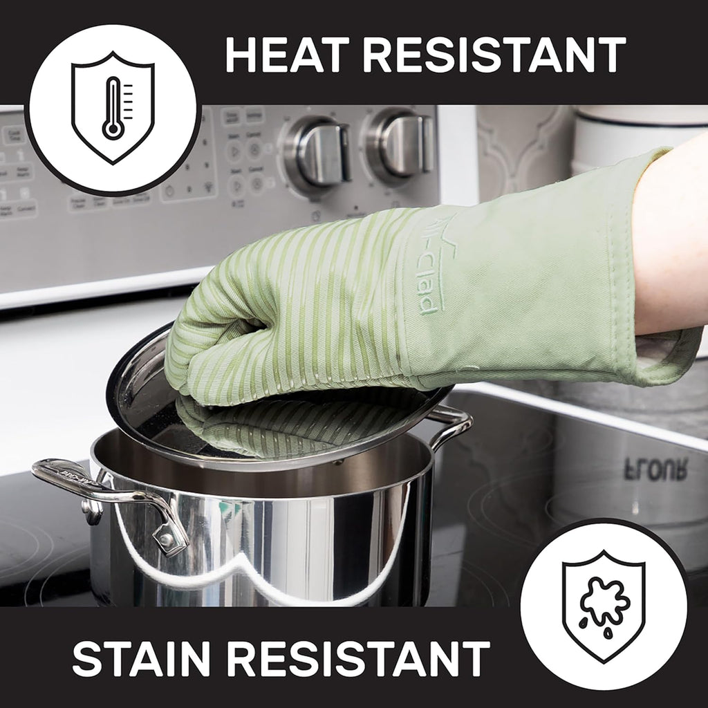 All-Clad Silicone Oven Mitts: Heat Resistant up to 500 Degrees - 100% Cotton & Silicone, 14"x7" Oven Mitt for Kitchen and Barbeque, 2-Pack, Fennel