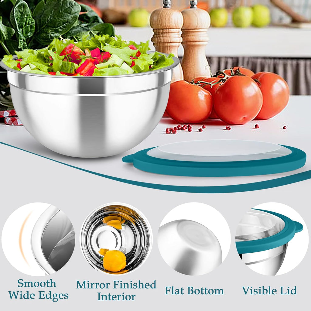 TeamFar Mixing Bowl Set, 4.5/3/1.5 QT Stainless Steel Nesting Salad Bowls with Airtight Lids, For Serving/Mixing/Storing/Prepping, Non-Toxic & Sturdy, Visible & Easy Clean, Dark Blue, Set of 3