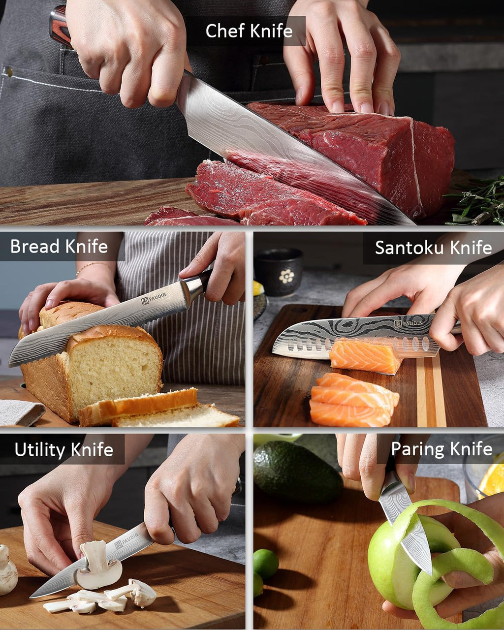 PAUDIN Kitchen Knife Set, Ultra Sharp Knife Set with Pakkawood Handle, High Carbon Stainless Steel Knives Set for Kitchen, 5 Piece Chef Knife Set Come with Gift Box