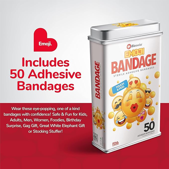 BioSwiss Bandages, Emoji Shaped Self Adhesive Bandage, Latex Free Sterile Wound Care, Fun First Aid Kit Supplies for Kids, 50 Count