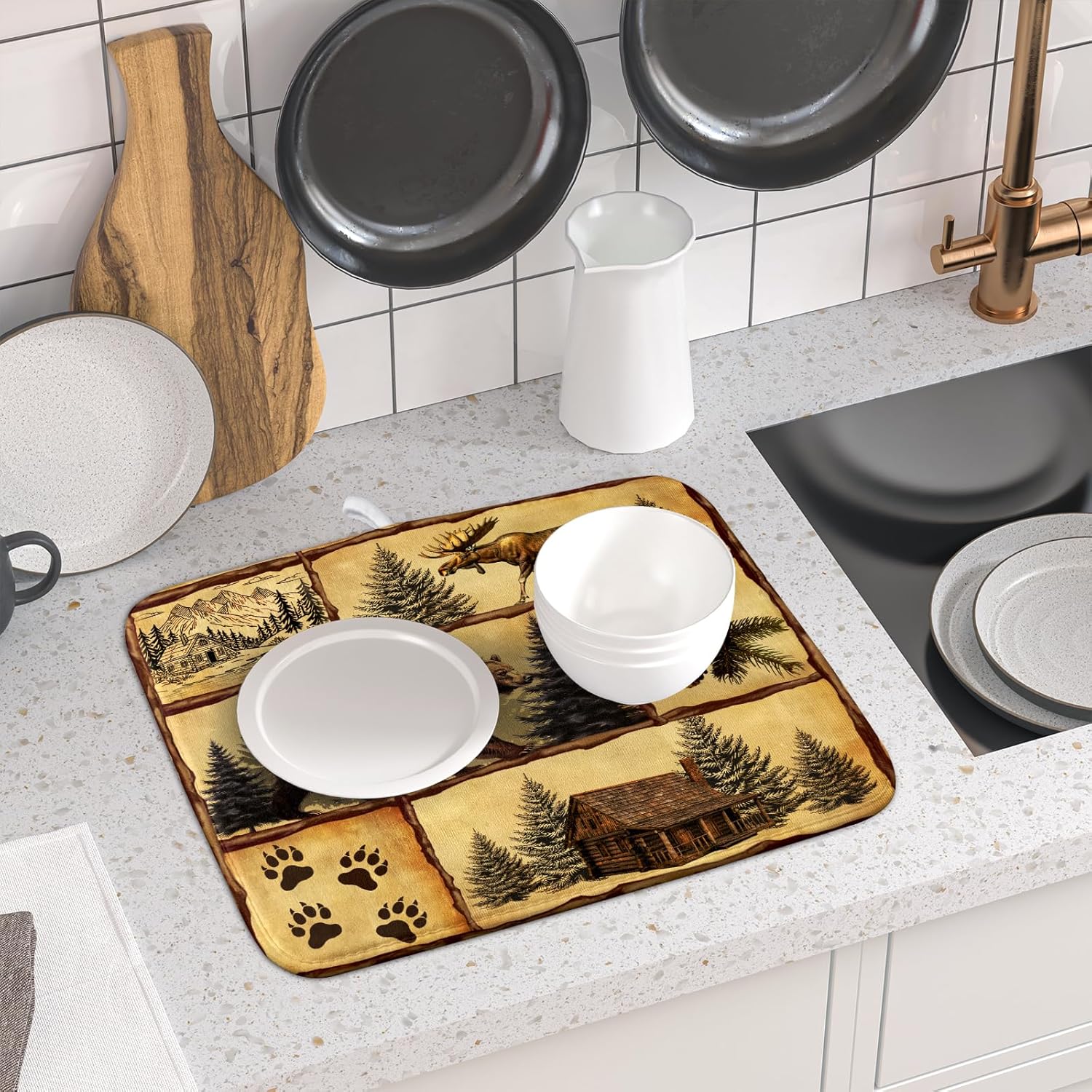 Vintage Bear Moose Dish Drying Mat 16x18 Inch Country Cabin Absorbent Dish Draining Mat Heat Resistant Drying Pad for Counter Sink Home