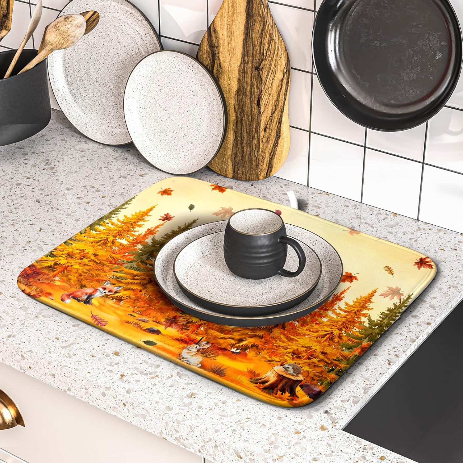 Autumn Drying Matt Kitchen Counter Small Absorbent Coffee Mat Fall Forest Microfiber Drying Mat for Holiday Decor