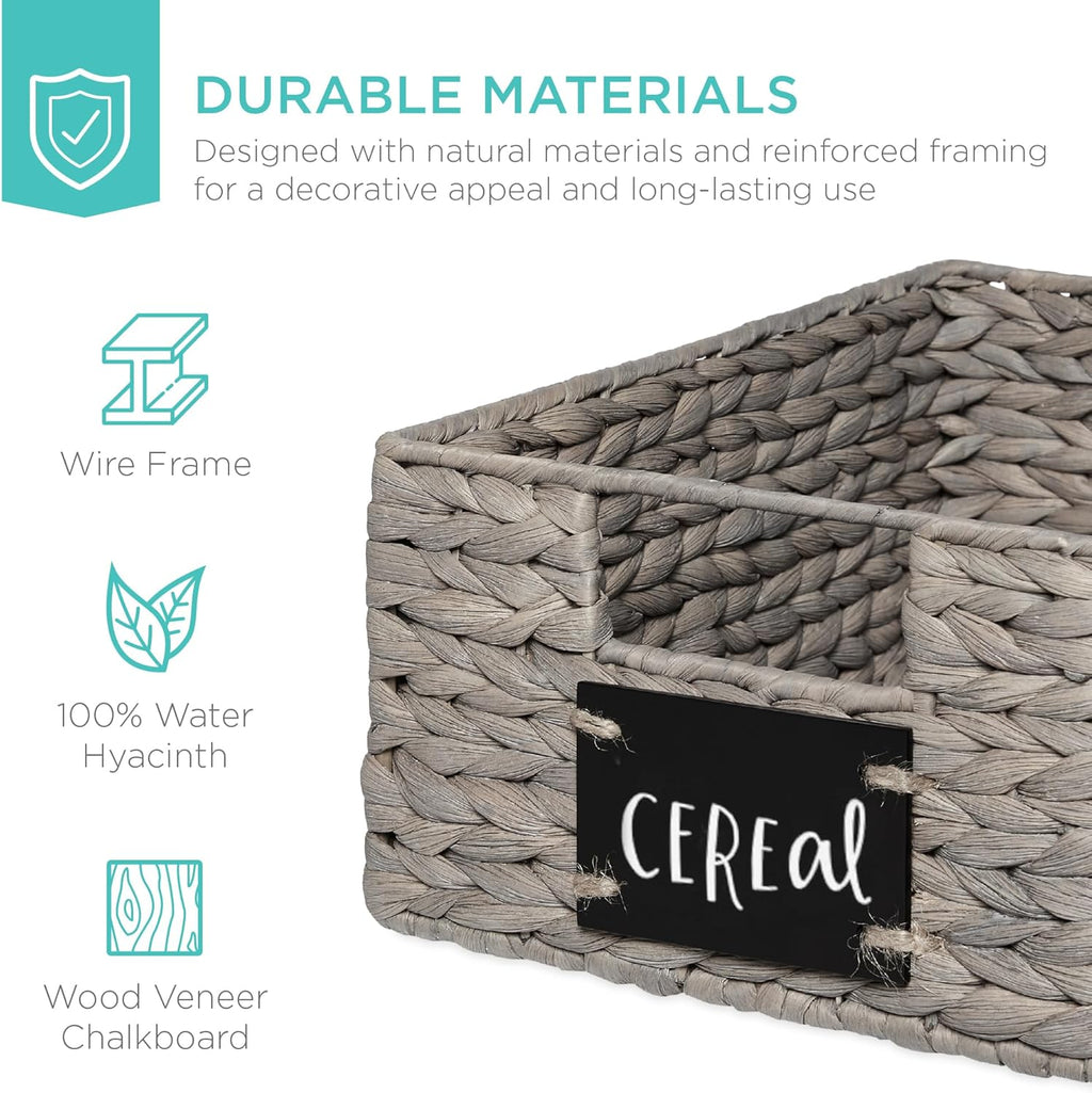 Best Choice Products Set of 4 9x12in Water Hyacinth Pantry Baskets, Woven Organizers w/Chalkboard Label, Chalk Marker - Gray